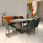 Patchwork Marble Dining Table with Flared Panel Legs and Textured Edge
